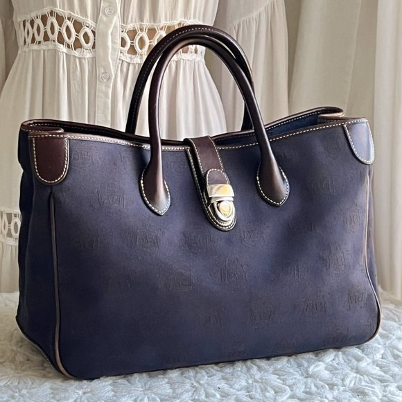 Dooney & Bourke Handbags - DOONEY & BOURKE Navy Signature Monogram Buckle Leather Canvas Double Handle Tote